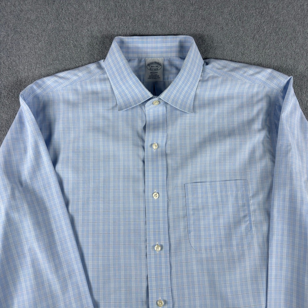 Brooks Brothers Dress‎ Shirt Mens 16.5 34 Regent Fit Blue Plaid Supima Cotton
